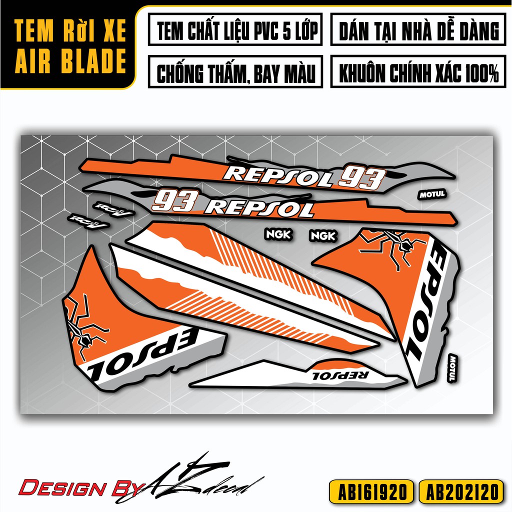 Tem Repsol Xe Airblade, Đa Dạng Màu Tem | AB20 | Chất Liệu Decal PVC Cao Cấp Chống Nước, Chống Bay Màu