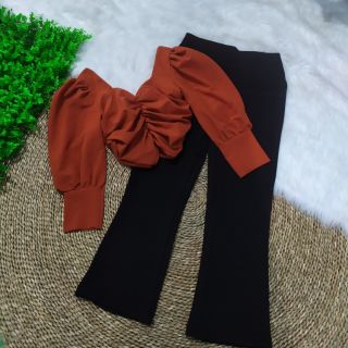 Set quần ống loe áo tay phồng dài nhún ngực croptop