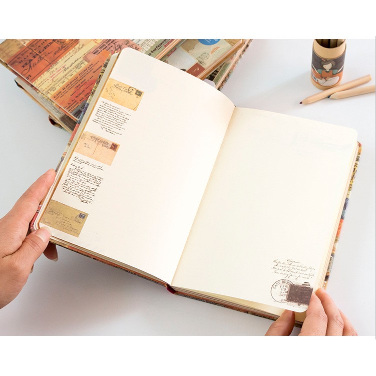 Sổ tay A5 bìa cứng to Retro vintage tem thư dày đẹp ghi chép trang trí lưu bút làm bullet journal BUKAO