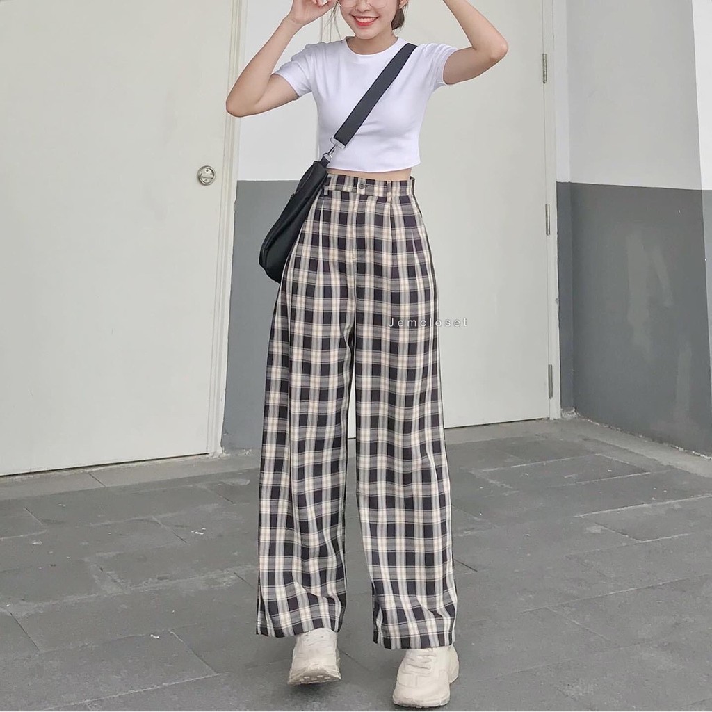 Quần kẻ thô ống rộng karo màu trắng[ảnh thật] quần culottes kẻ caro ống rộng lưng cao cho nữ