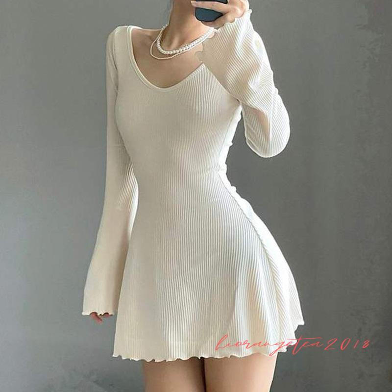 Đầm Mini Dáng Chữ A Tay Dài Cổ Chữ V Màu Trơn Thời Trang Mùa Hè Cho Nữ