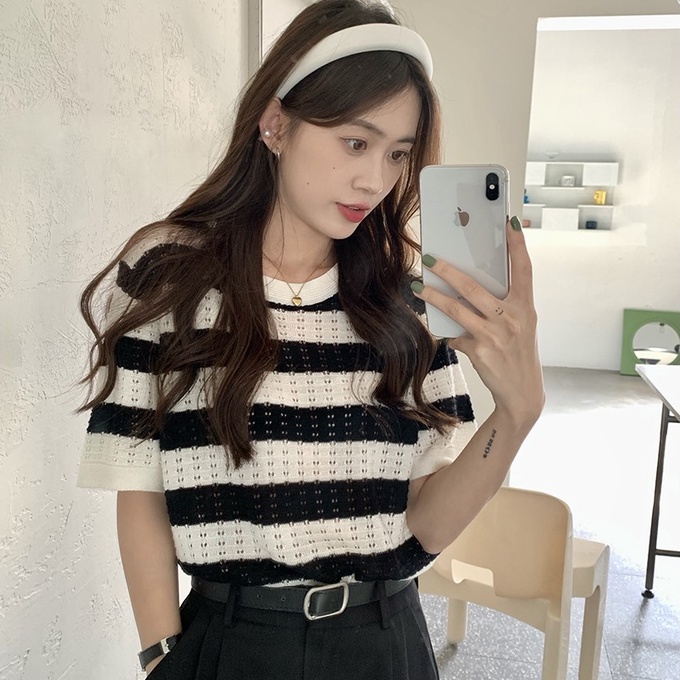 Áo dệt kim ZHELIHANGFEI ngắn tay cổ tròn họa tiết ca rô phong cách Hàn Quốc dành cho nữ