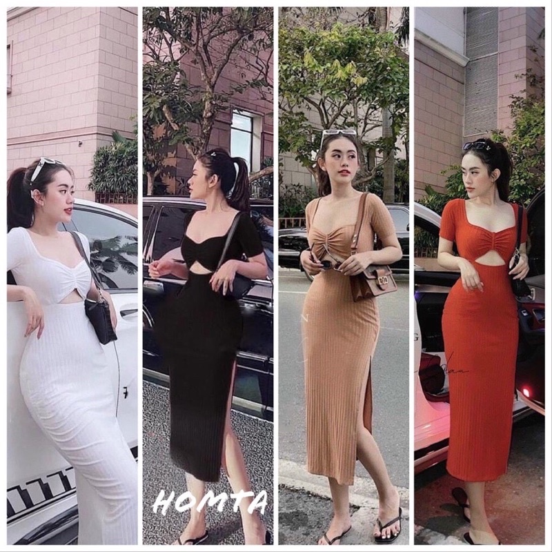 Đầm body nhún ngực hở eo xẻ đùi chất thun đũa mềm mại, váy ôm body tôn dáng cực đỉnh