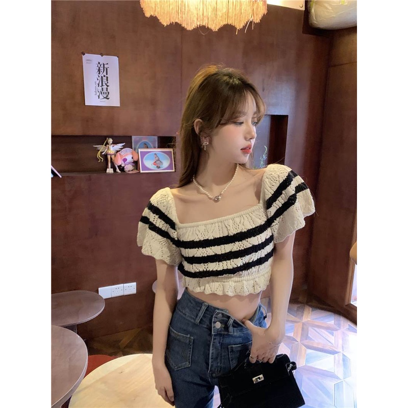 Áo dệt kim croptop  nữ Quảng châu cao cấp tay ngẵn cổ vuông phong cách Hàn Quốc quyến rũ hottrend tiktok kozoda AL14