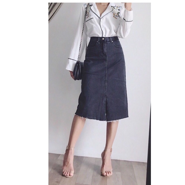 Nhập WAMS8 giảm 15%_ Chân váy dài jean xẻ trước