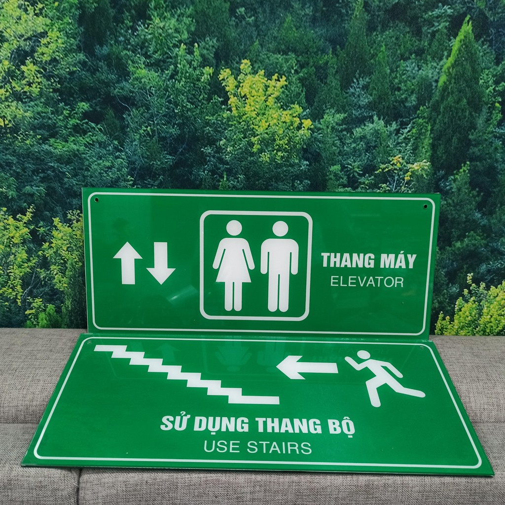 Biển báo chỉ dẫn thang máy, thang bộ chất liệu mica dán decal 2 mặt 15 x 35cm
