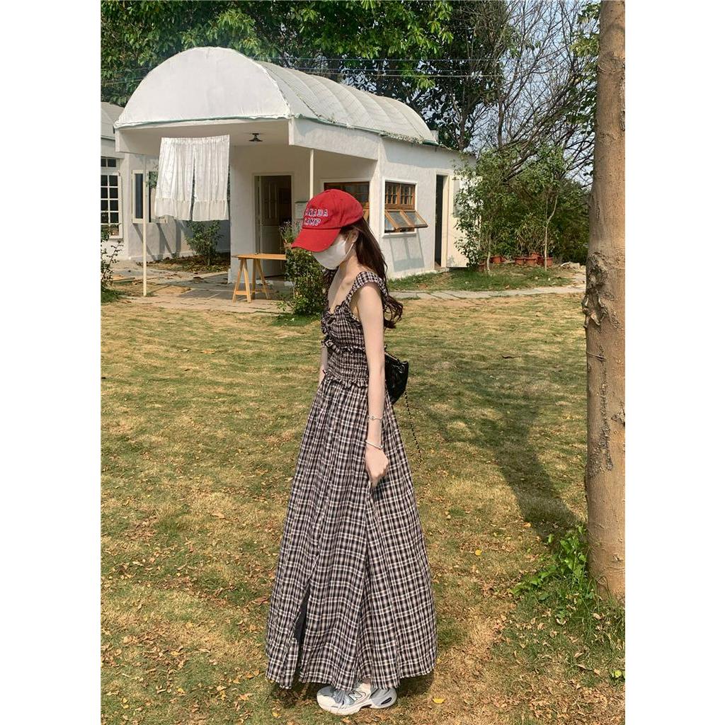 Đầm Dài Trễ Vai Dáng Chữ A Họa Tiết Sọc Caro Đính Nơ Xinh Xắn Thời Trang
