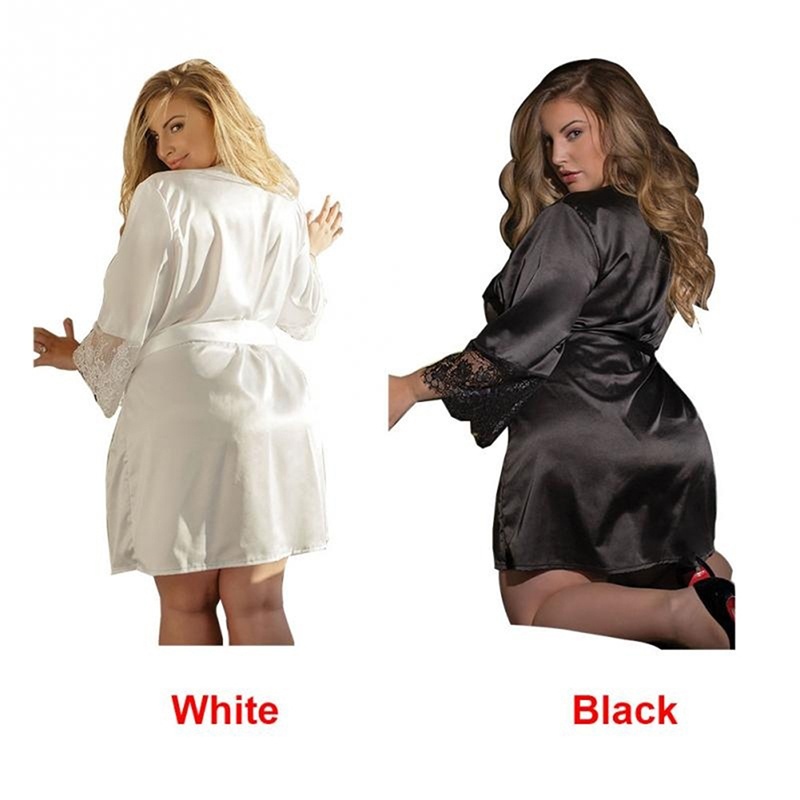 Áo choàng ngủ Kimono vải satin phối ren hoa plus size S-7XL