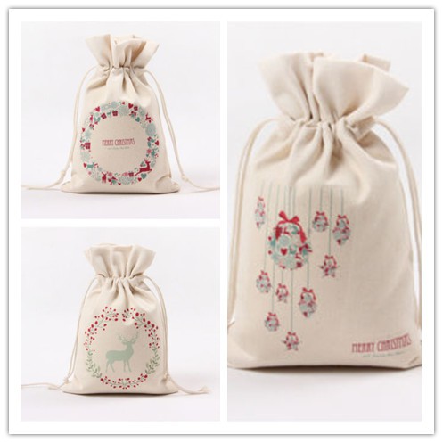 Túi Đựng Quà Giáng Sinh Bằng Vải Canvas In Hình Tuần Lộc &amp;Amp; Ông Già Noel