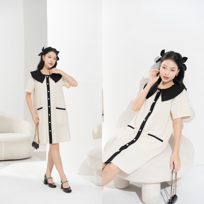 Đầm tweed dáng suông A phối cổ bản to nẹp viền cúc bọc