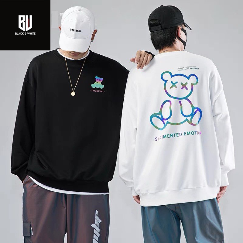 Áo Sweater nỉ bông tay dài in hình Bear phản quang chất cotton dày dặn