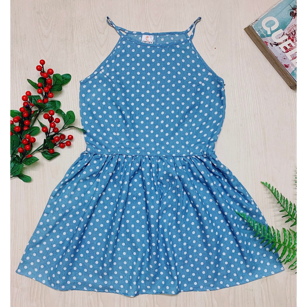 Váy Hai Dây Dáng Xòe Bé Gái Size Lớn - Váy Khoét Tay Họa Tiết Chấm Bi Chất Liệu Cotton Mát Mịn