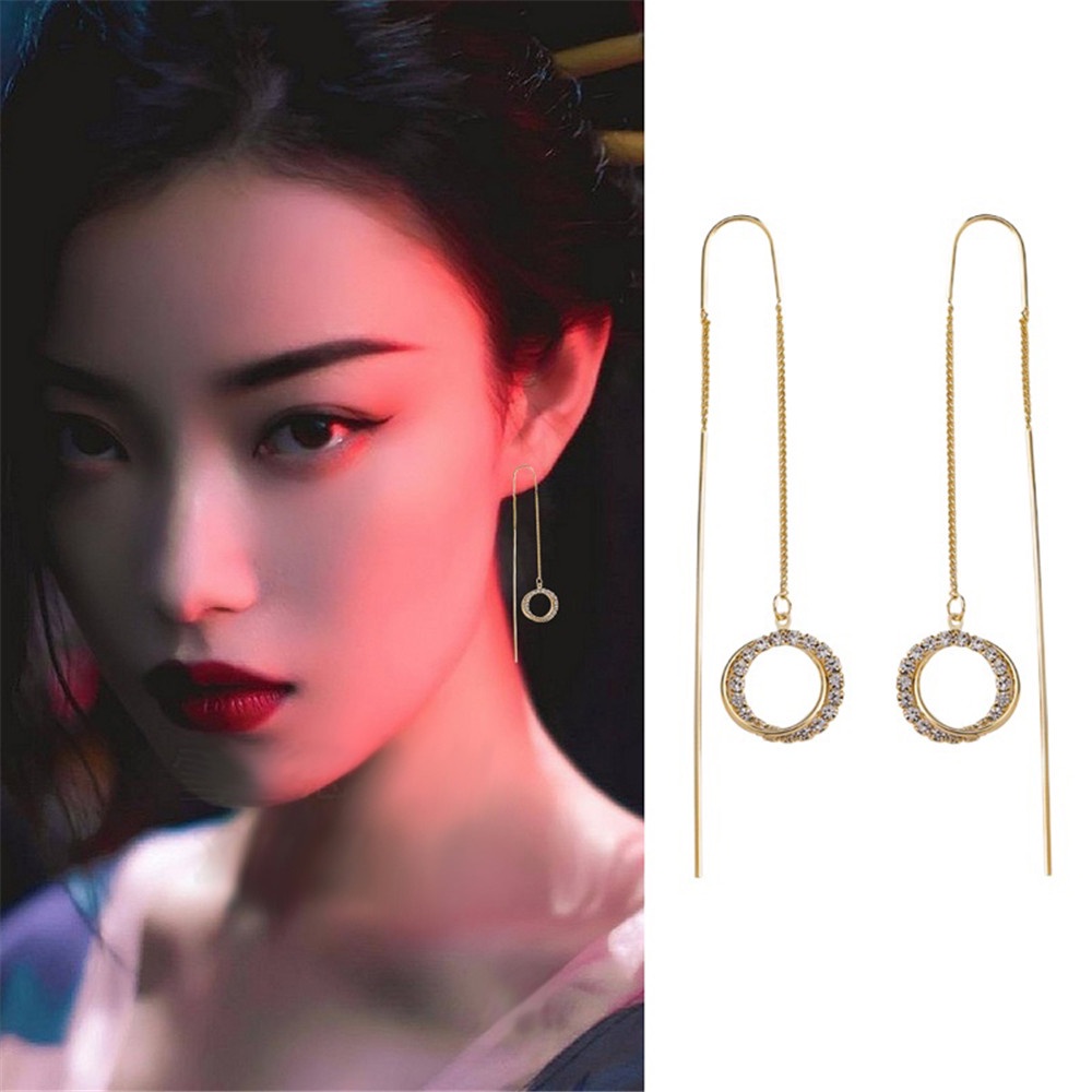 Bông tai dáng dài YANQUEENS mặt tròn đính đá zircon thời trang Hàn Quốc làm quà tặng cho nữ