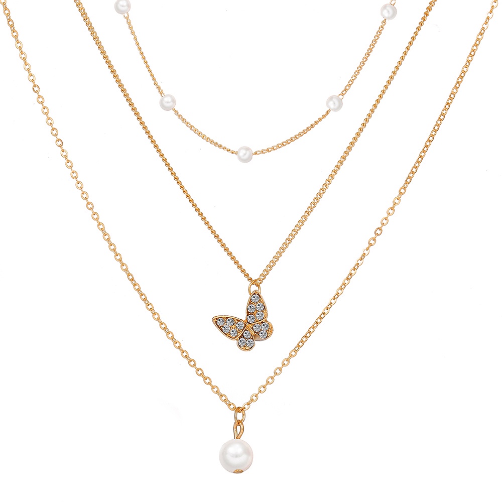 Vòng cổ Mạ Vàng Nhiều Lớp Mặt Hình Bướm Đính Ngọc Trai Đơn Giản