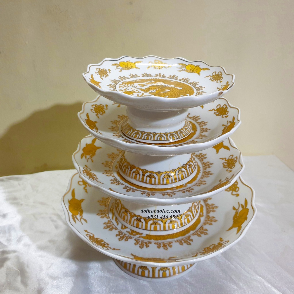 Bộ Đồ Thờ Cúng - Set Đồ Thờ Phụng Sứ Trắng hình rồng  Vàng In Nổi Cao Cấp