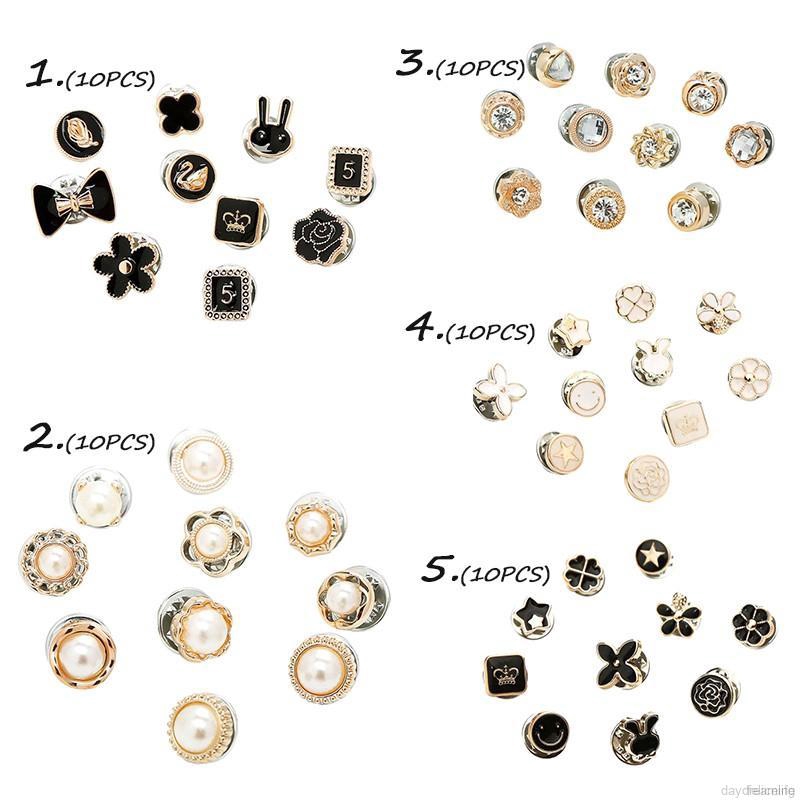 Bộ 10 ghim cài áo hình tròn/hoa/nơ đính ngọc trai kiểu Hàn Quốc