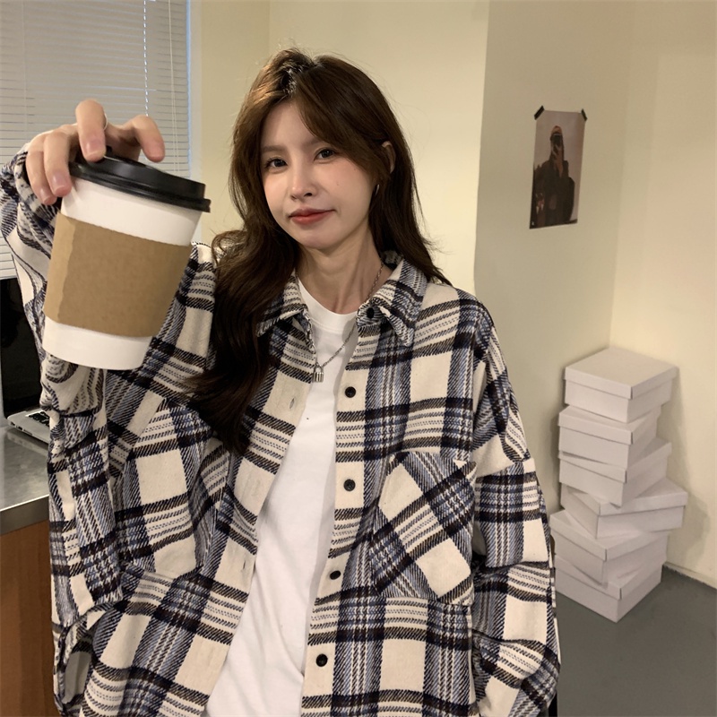 Áo sơ mi ZHELIHANGFEI tay dài form rộng họa tiết sọc theo phong cách đi học dễ phối đồ