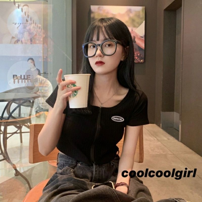 áo thun nữ croptop tay ngắn có khóa kéo dễ thương cá tính