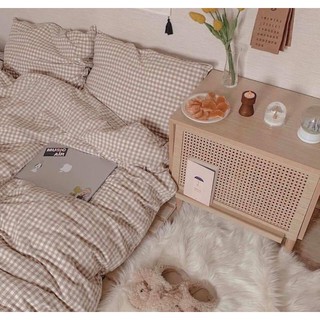 Bộ Chăn Ga Gối Cotton Poly Kẻ Caro Nâu Be