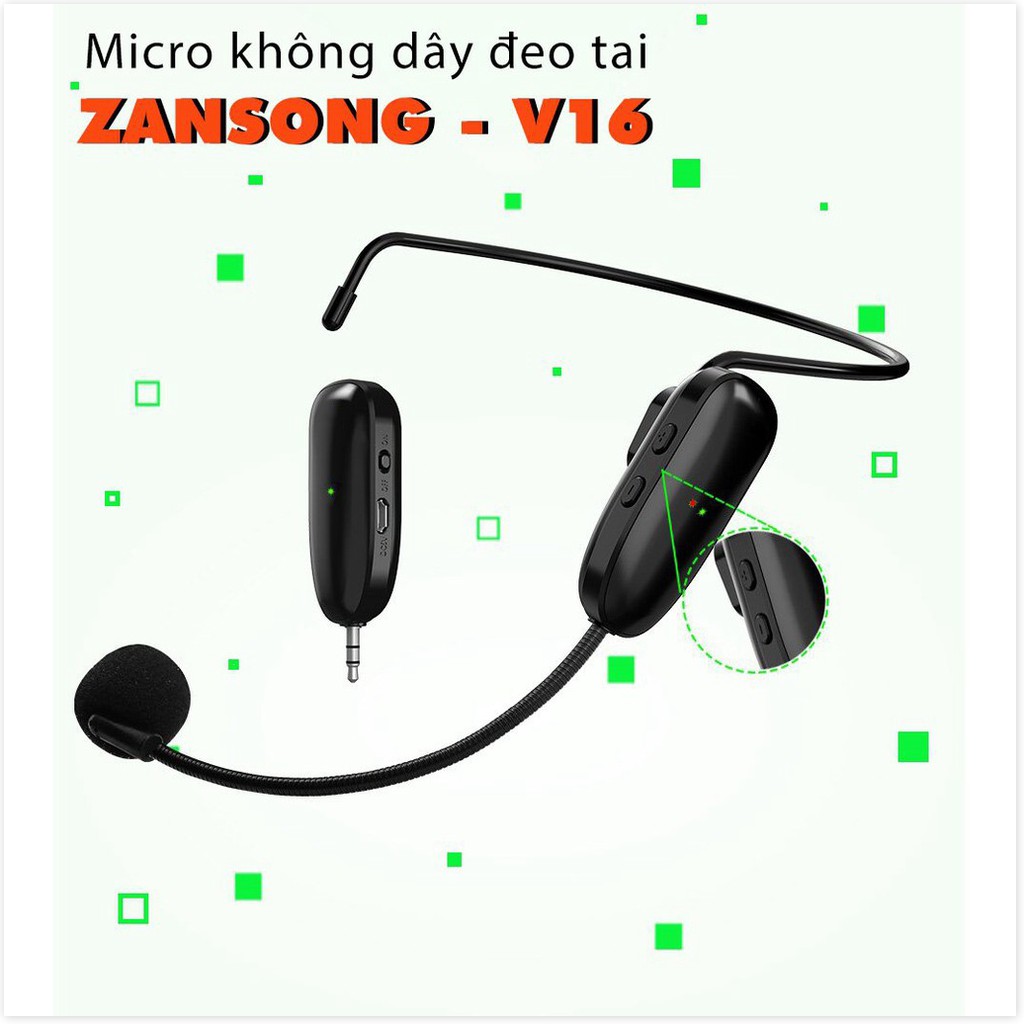 Micro không dây đeo tai Zansong V16 - Phù hợp cho mọi thiết bị, hỗ trợ thuyết trình, giảng dạy, bán hàng, du lịch bh 12t