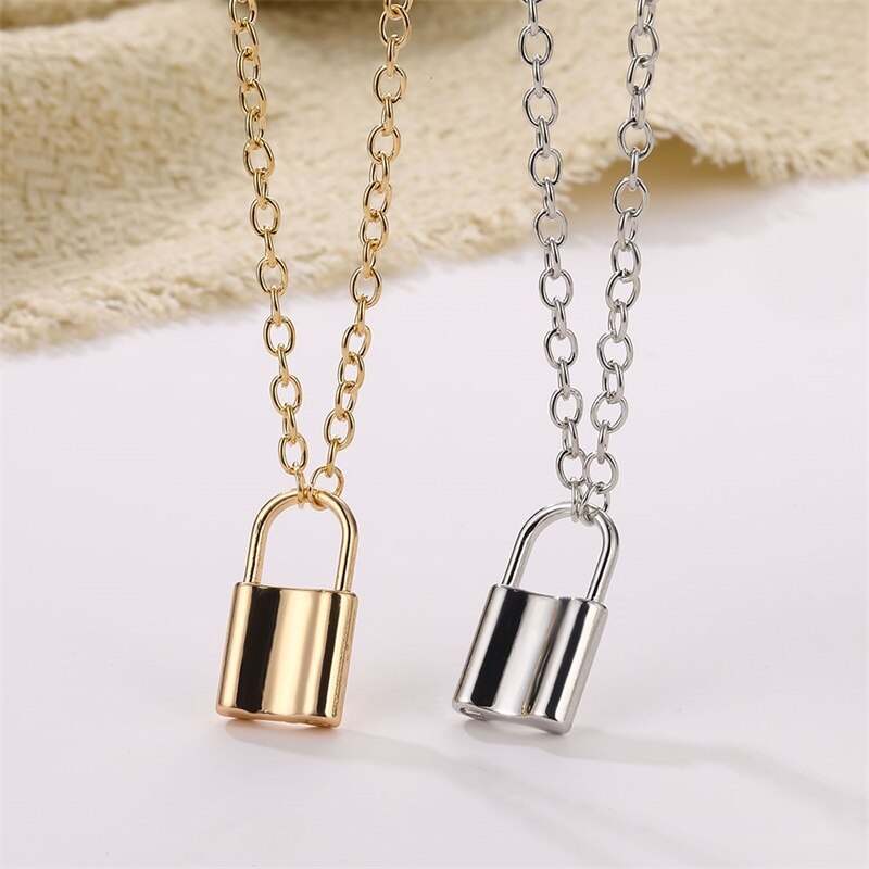 Fashion Lock Hiphop Punk Simple Padlock Pendant Necklace for Women Gold Silver Color Chunky Chain Necklace