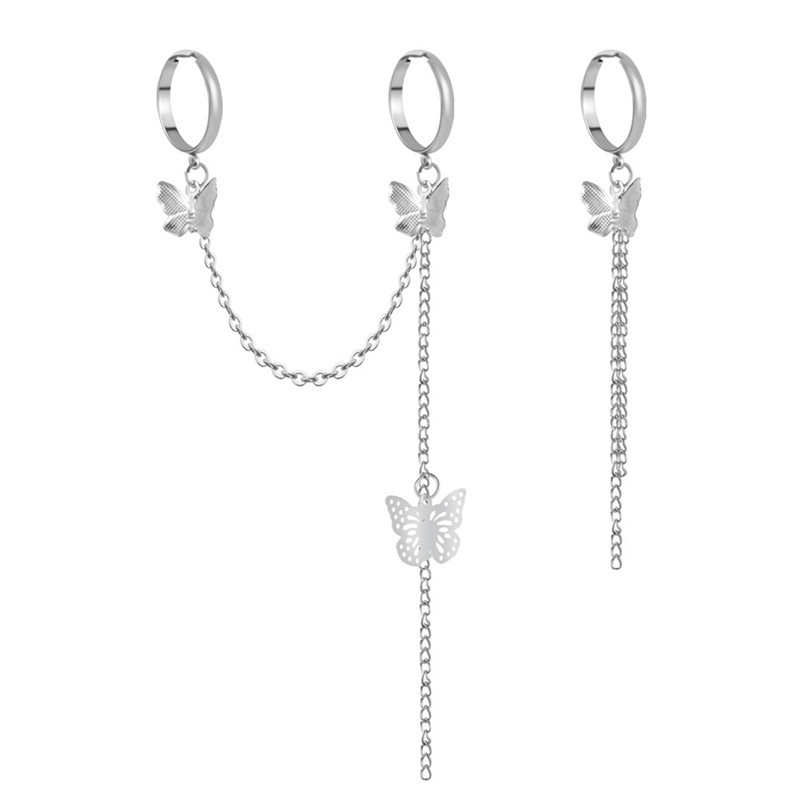 flowersqueen Nhẫn hở hình bướm phối dây xích có thể điều chỉnh phong cách punk thời trang cho nữ