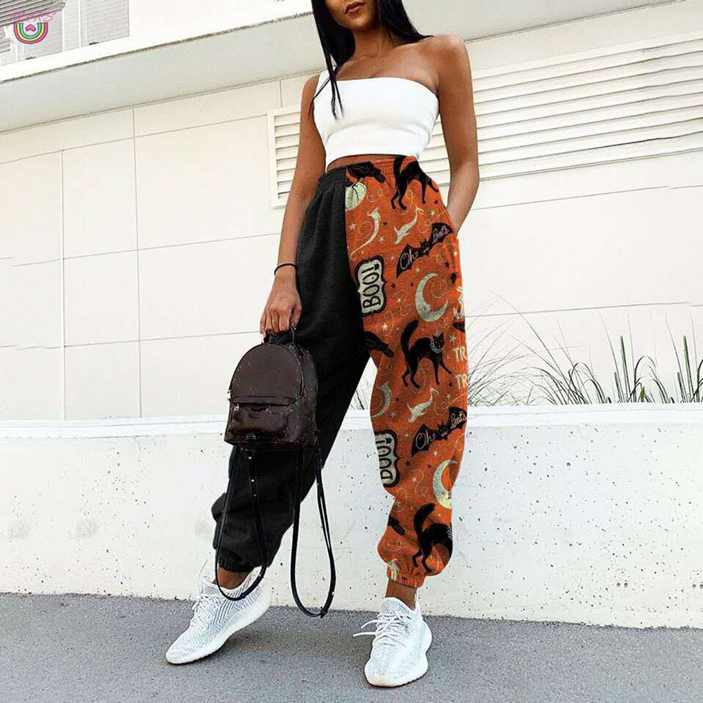 MS Women Loose Fitness Track Pants Colorblock Halloween Print Graffiti Drawstring Casual Pants &VN