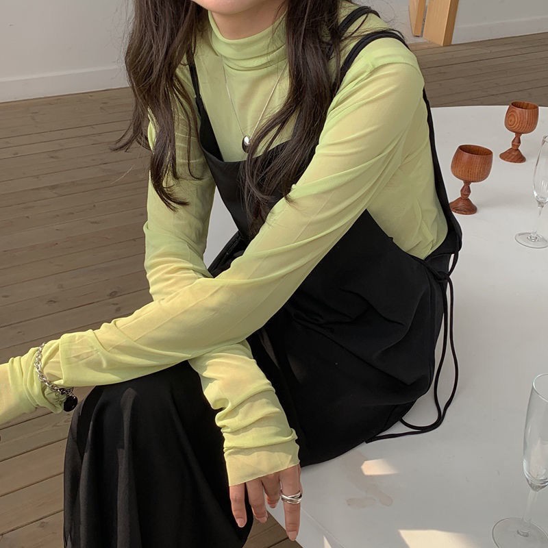 2023 summer new high-neck net gauze base shirt sun protection clothes thin long sleeve full with inner shirt women's net gauze top