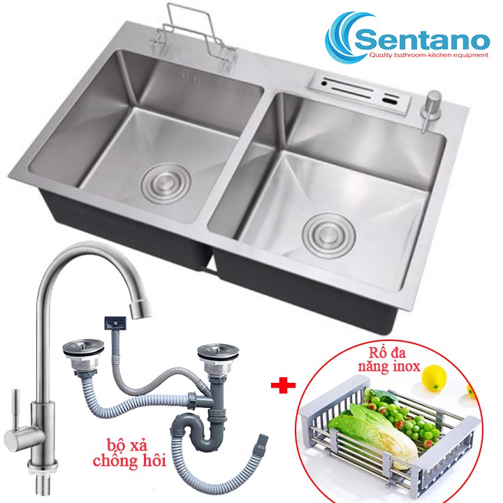 Combo chậu rửa chén + vòi rửa chén lạnh + rổ inox đa năng