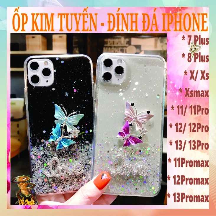 Ốp kim tuyến, đính đá con bướm cho ip 7plus- 8plus- 11- 11pro -11promax- 12- 12pro- 12promax- 13- 13pro- 13promax.