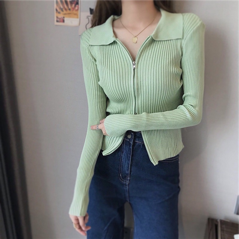 IELGY   Áo sweater cotton Tay Dài Hai Dây Kéo Màu Sắc Trơn Phong Cách Hàn Quốc