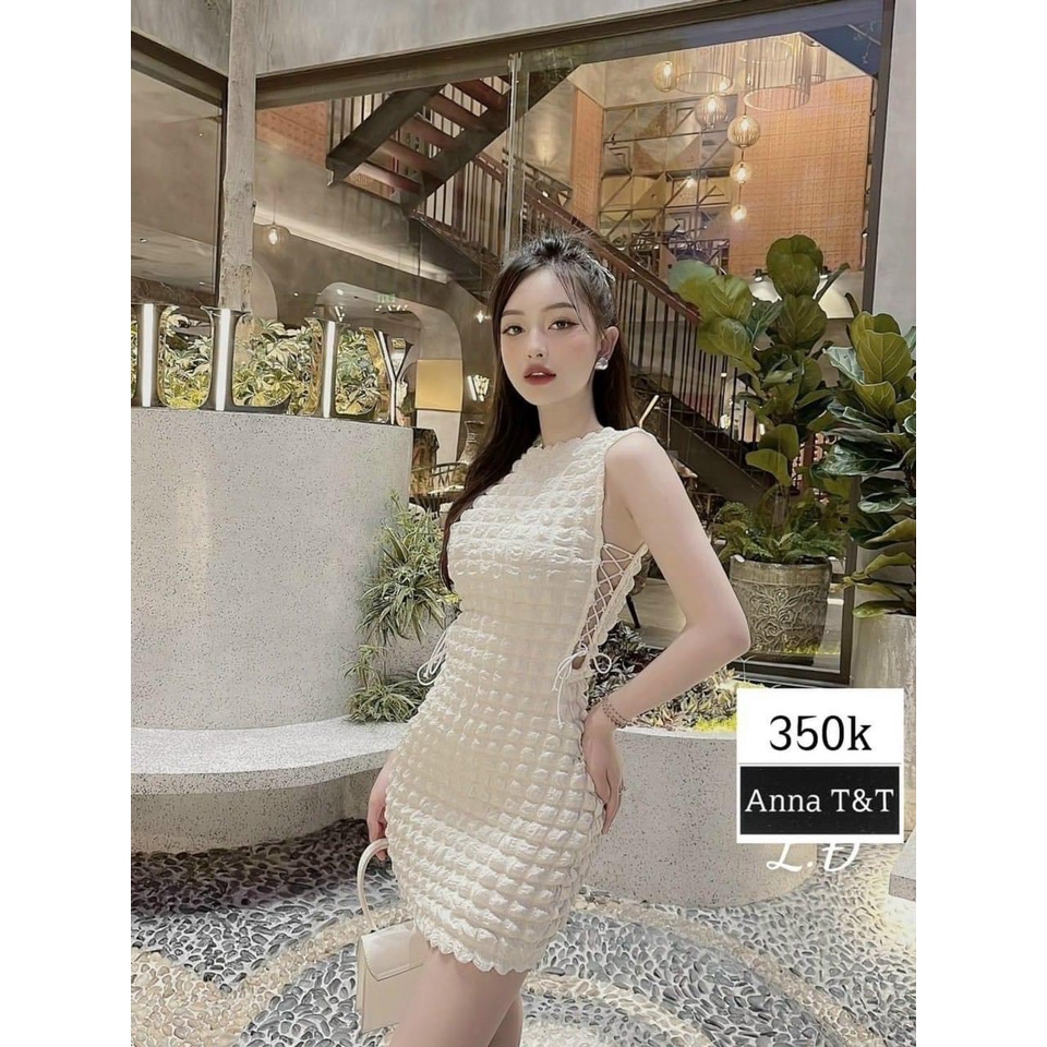 Đầm body bông xốp thắt dây eo tôn dáng