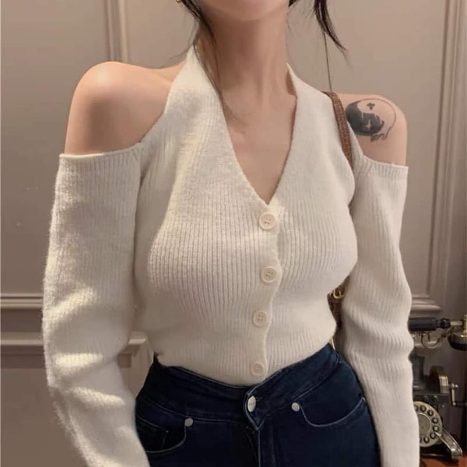 Áo Croptop cổ yếm buộc dây dài tay trễ vai - Hương Su