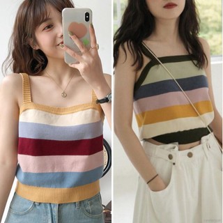 【HUAER】Áo hai dây dệt kim họa tiết sọc màu cầu vồng xinh xắn