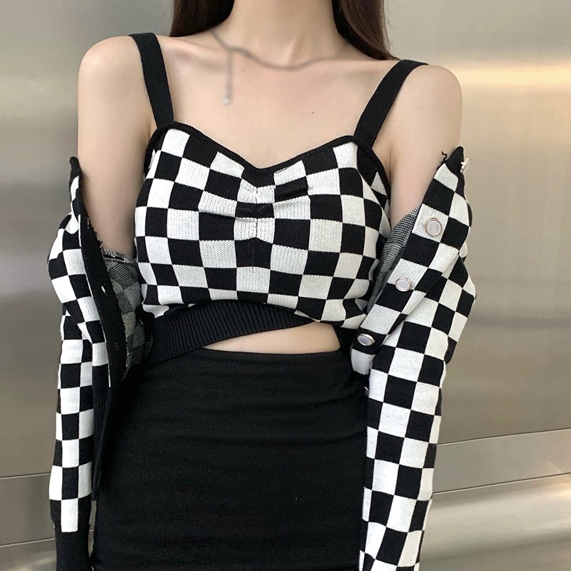 Áo Croptop Hai Dây Mỏng Nhẹ Ôm Dáng Họa Tiết Kẻ Sọc Caro Gợi Cảm Cho Nữ