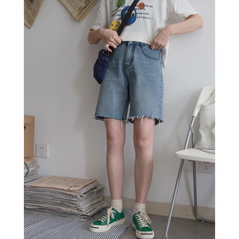 Quần Short Jean Trơn Lửng Nam Nữ Unisex