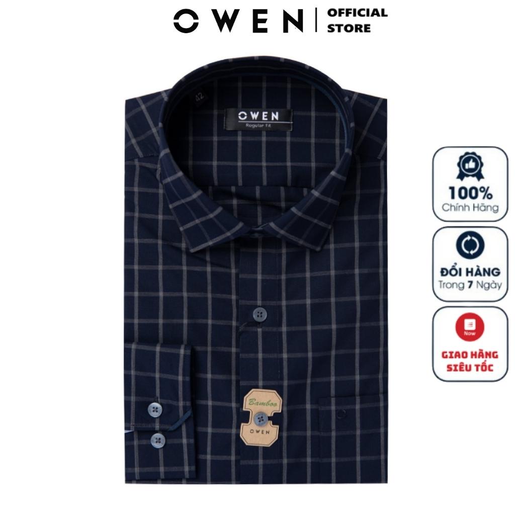 Áo Sơ Mi Nam Dài Tay OWEN AR220916DT Somi Công Sở Vải Sợi Tre Cao Cấp Màu Kẻ Caro Navy Ghi Dáng Suông Tà Lượn Có Túi