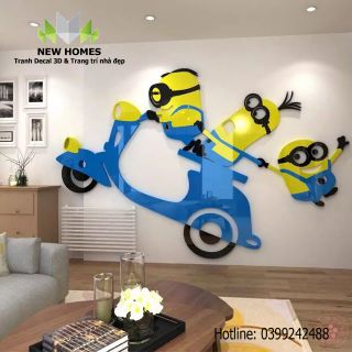 Tranh mica 3D dán tường- Minion xe máy