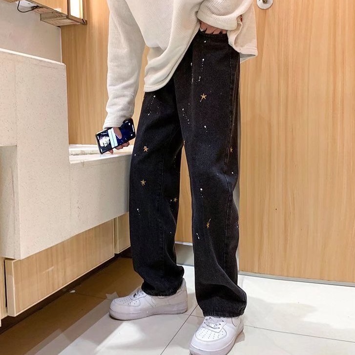 Quần jean dài dáng rộng thêu họa tiết ngôi sao cá tính thời trang dành cho nam