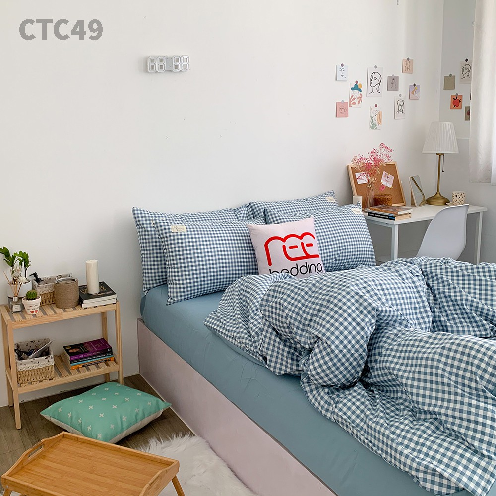 Bộ chăn ga gối Cotton TC REE Bedding CTC49 caro xanh đủ size giường nệm