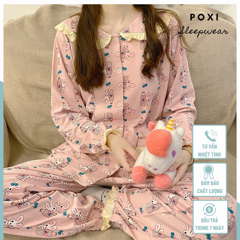 Bộ đồ ngủ nữ tay dài cổ bèo màu hồng hình thỏ bo chân chất thun cotton dễ thương