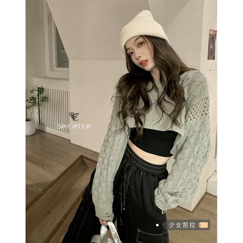 Áo croptop dệt kim tay dài cổ tròn phong cách hot trend siêu mới - hàng có sẵn