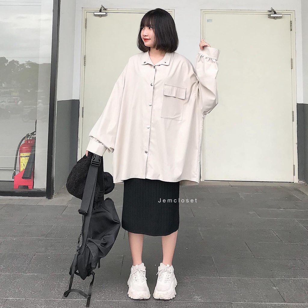 Áo Sơ Mi Tay Phồng JEM CLOSET Áo Sơ Mi Nữ Form Rộng ANGELA Thiết Kế Cổ Trụ Nút Bấm Màu Be Phong Cách Trẻ Trung 1874