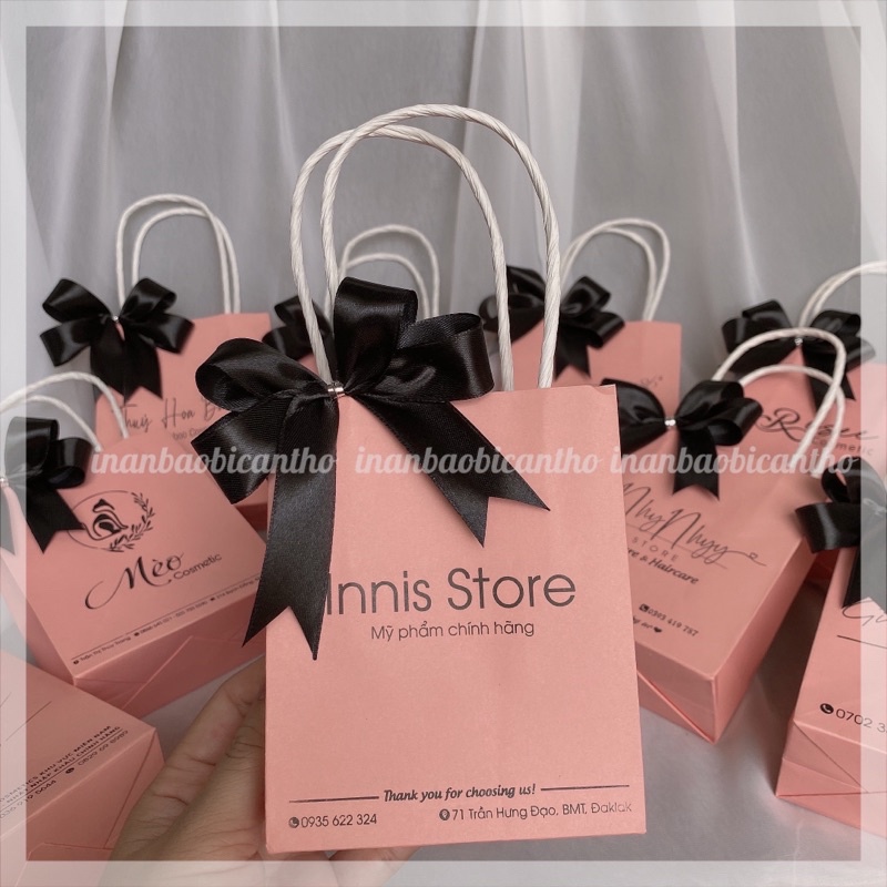 100 túi giấy Hồng đào in logo theo yêu cầu  - Túi giấy in đựng mỹ phẩm, đựng quần áo