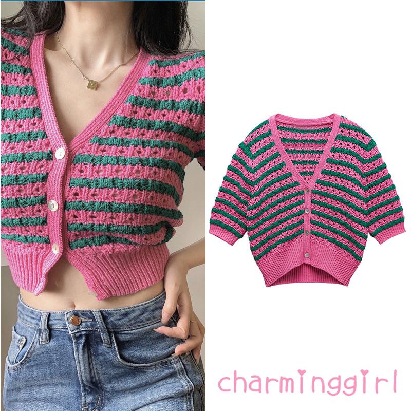 Áo Dệt Kim Tay Ngắn Cổ Chữ V Phối Nút Họa Tiết Kẻ Sọc Thanh Lịch Cho Nữ