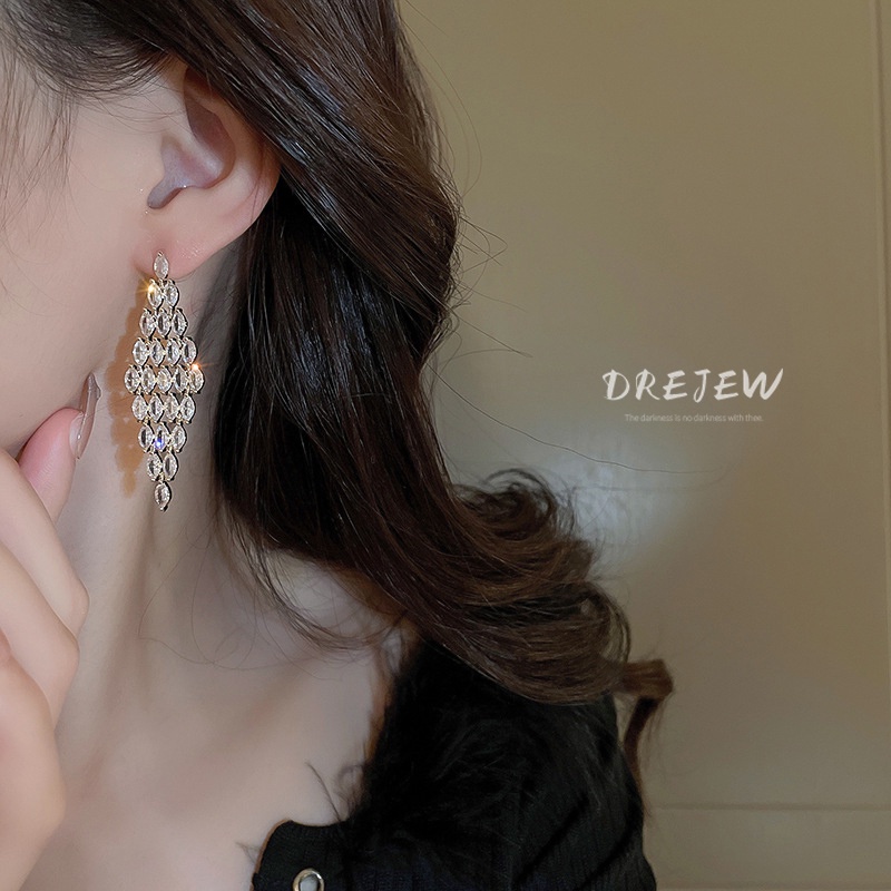 DREJEW Bông Tai Mạ Bạc Đính Đá Zircon Tua Rua Phong Cách Âu Mỹ Cao Cấp 1