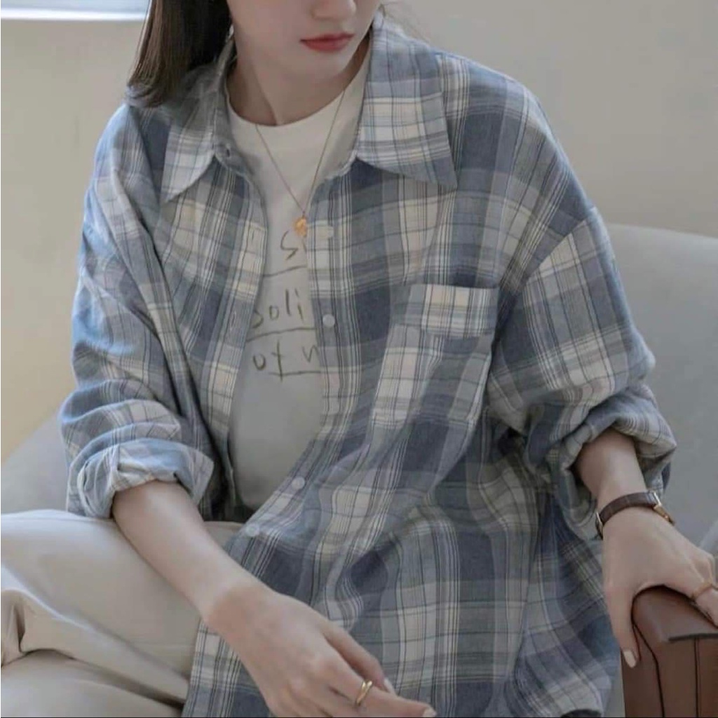 Áo Sơ Mi Nam Nữ Đi Học Form Rộng Kẻ Caro Túi Ngực Dài Tay