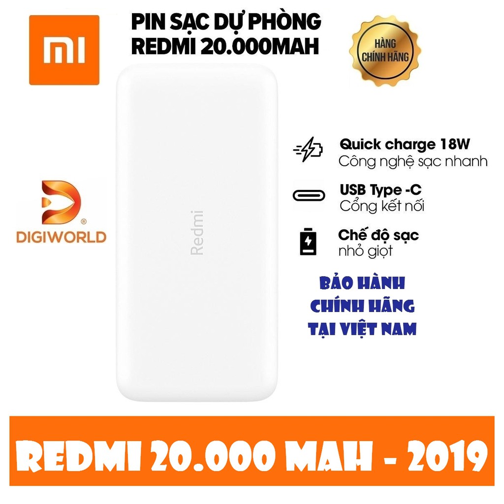 Pin Sạc Dự Phòng Xiaomi Redmi 20000mAh 2019 (Trắng) |  Hàng Chính Hãng DGW  | PB200LZM USB-C/TYPE C | Mới 100% | BigBuy360 - bigbuy360.vn