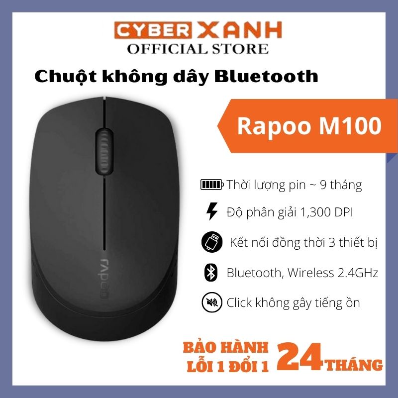 Chuột máy tính không dây giảm ồn kết nối bluetooth hoặc USB dùng cho MacOS và pc Rapoo M100 – Cam kết BH 1 đổi 1 2 năm