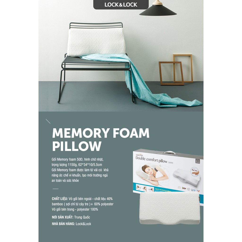 [Mã LIFEHL15 giảm 10% đơn 250K] Gối Memory Foam 50D Lock & Lock (62 x 34 x 10 cm) HLW114